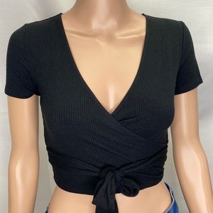 Garage Ribbed Black Short Sleeve Faux Wrap With Attached Wrap Belt SZ XS Bodycon